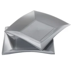 Assiette carrée 18x18 cm design incurvé argenté x6