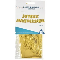 Ballon JOYEUX ANNIVERSAIRE en aluminium doré/argenté