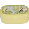 Bento jaune décor feuilles de palmier et toucan