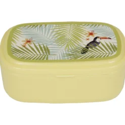 Bento jaune décor feuilles de palmier et toucan