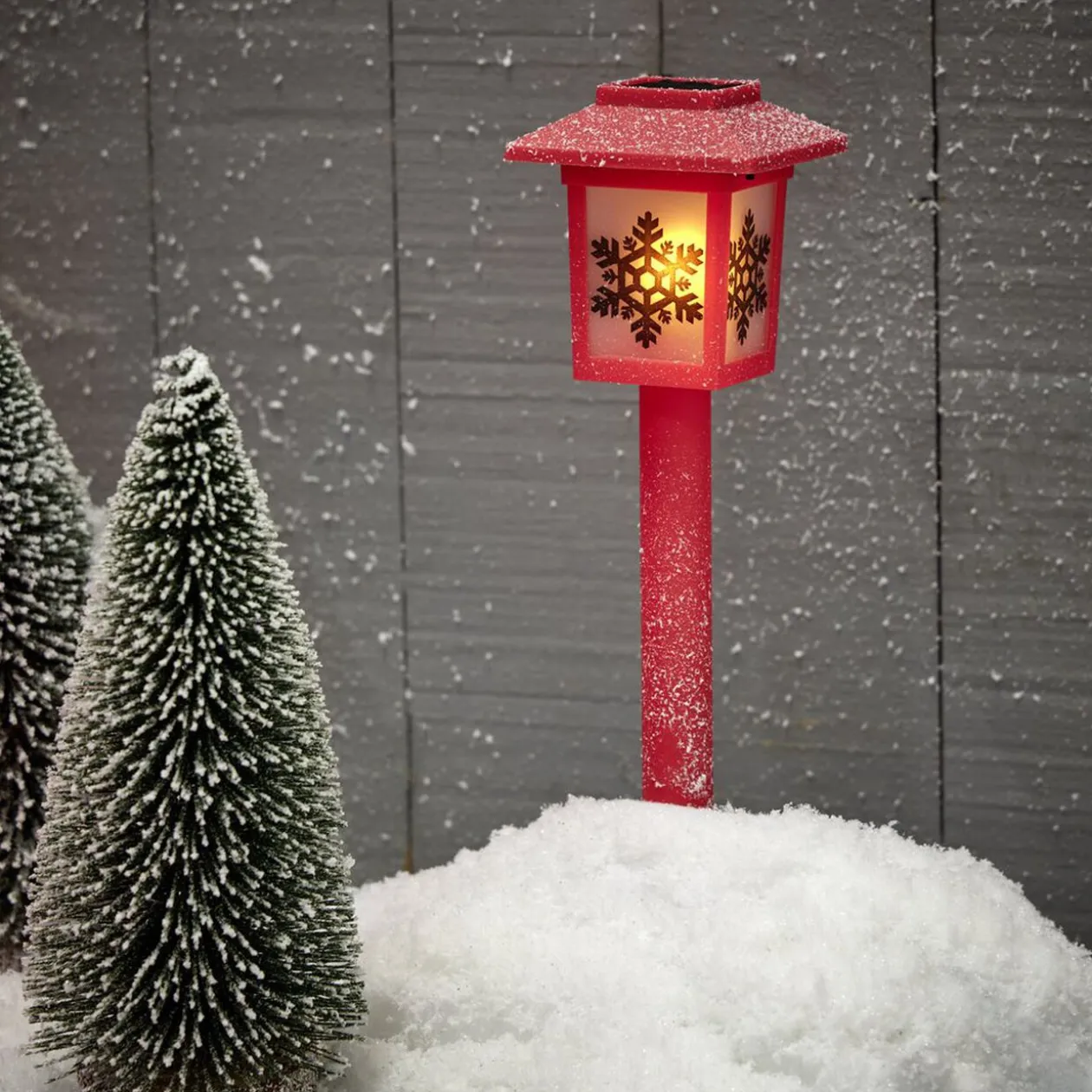 Borne solaire lanterne rouge vintage 10LED blanc chaud effet flamme H37cm