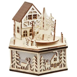Boîte à musique village de Noël en bois H15cm