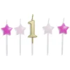 Bougie anniversaire chiffre 1 doré avec bougies étoiles roses