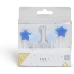 Bougie anniversaire chiffre 1 argenté avec bougies étoiles bleues