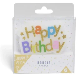 Bougie anniversaire Happy Birthday bannière multicolore et doré