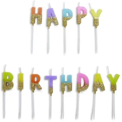 Bougie anniversaire lettres Happy Birthday multicolore et doré