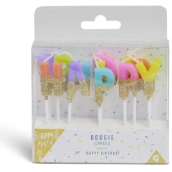 Bougie anniversaire lettres Happy Birthday multicolore et doré