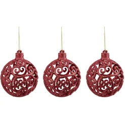 Boule de Noël ajourée motif arabesque pailleté rouge Ø8 cm x3