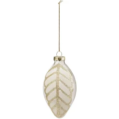 Boule de Noël allongée en verre motif feuille blanche dorée