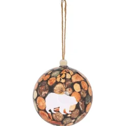 Boule de Noël champêtre motif ours et rondin marron Ø12cm