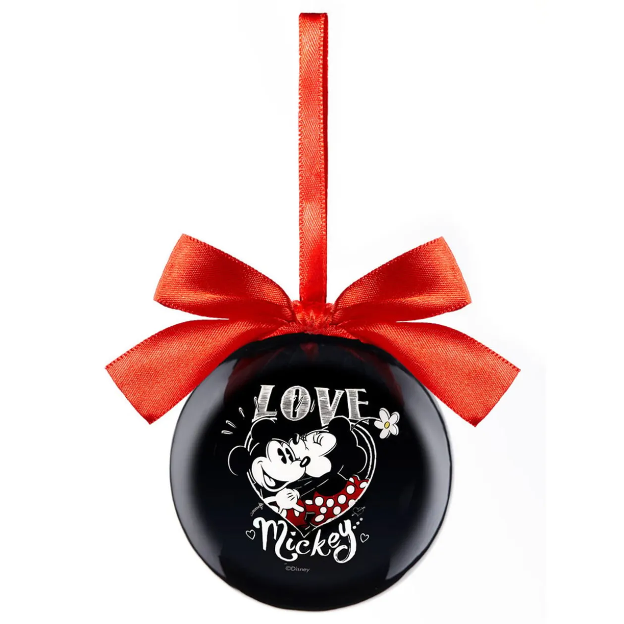 Boule de Noël Disney Mickey et Minnie avec noeud rouge et noir