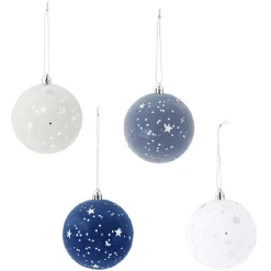 Boule de Noël effet velours motif étoile bleu et blanc Ø8cm x4