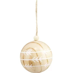 Boule de Noël en bois motif géométriques naturel et blanc Ø6cm