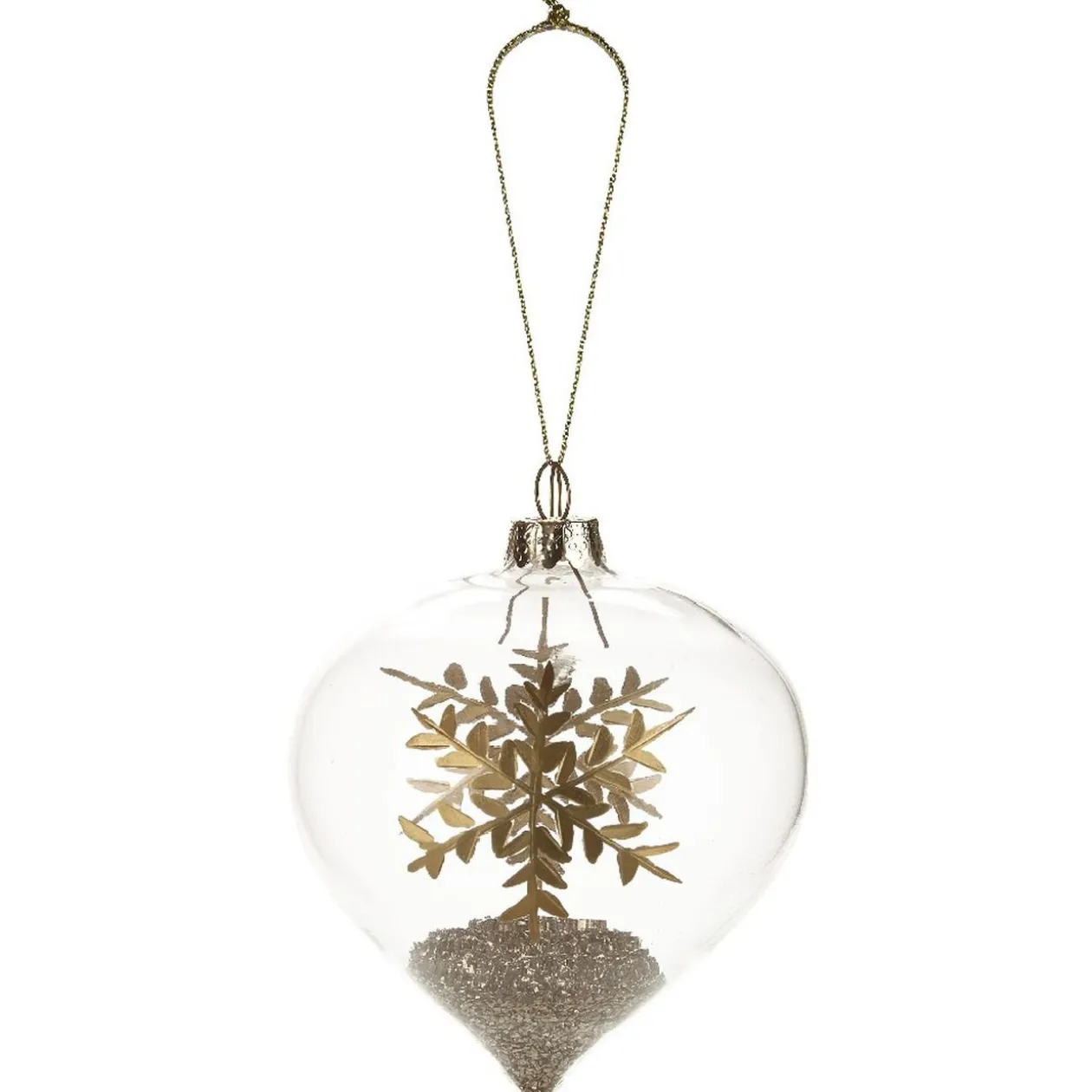 Boule de Noël en verre forme goutte déco flocon et paillette doré