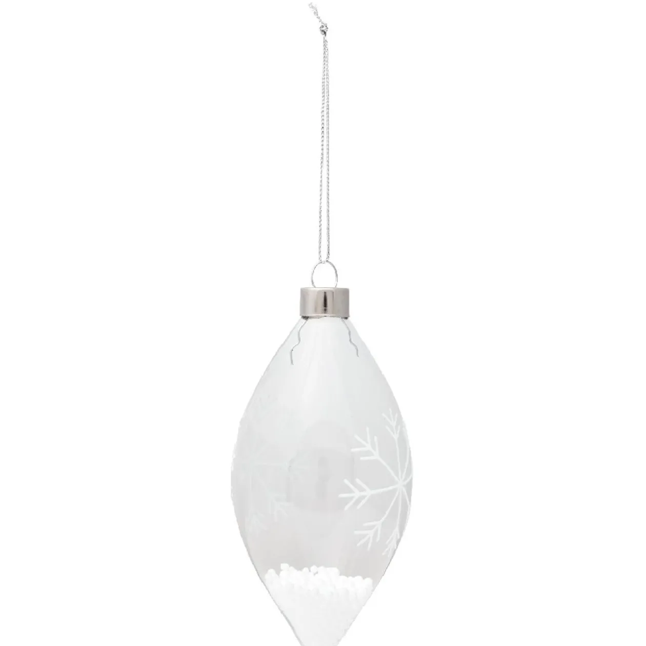 Boule de Noël en verre transparent forme goutte motif flocon blanc