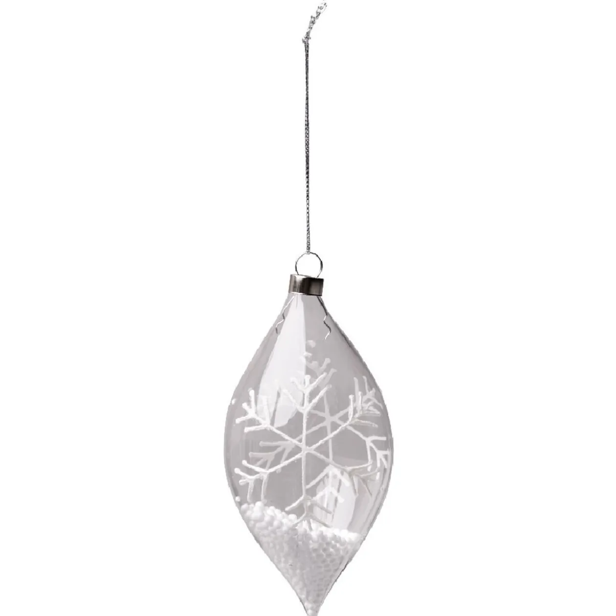 Boule de Noël en verre transparent forme goutte motif flocon blanc