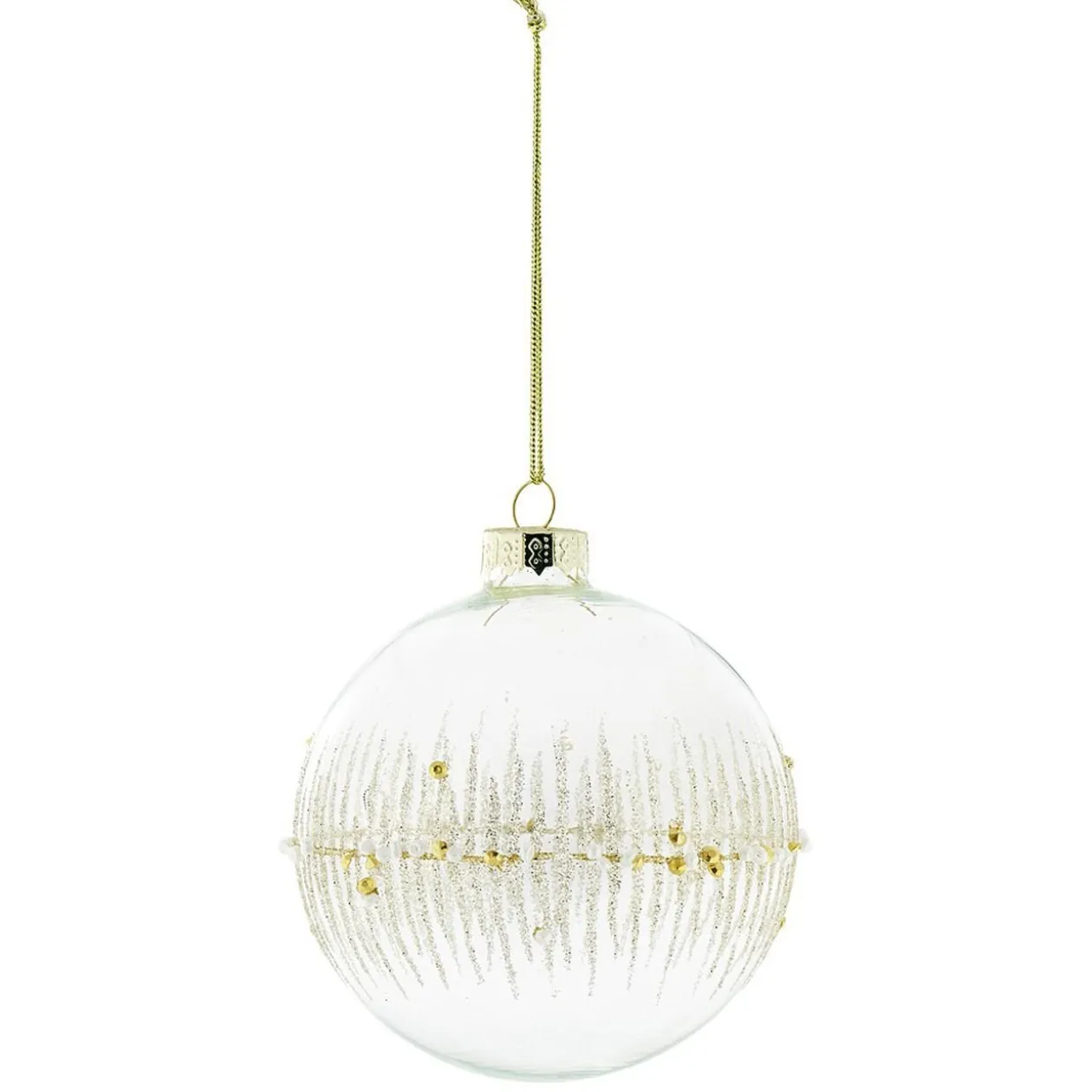 Boule de Noël en verre transparent perle et ligne dorée et blanche