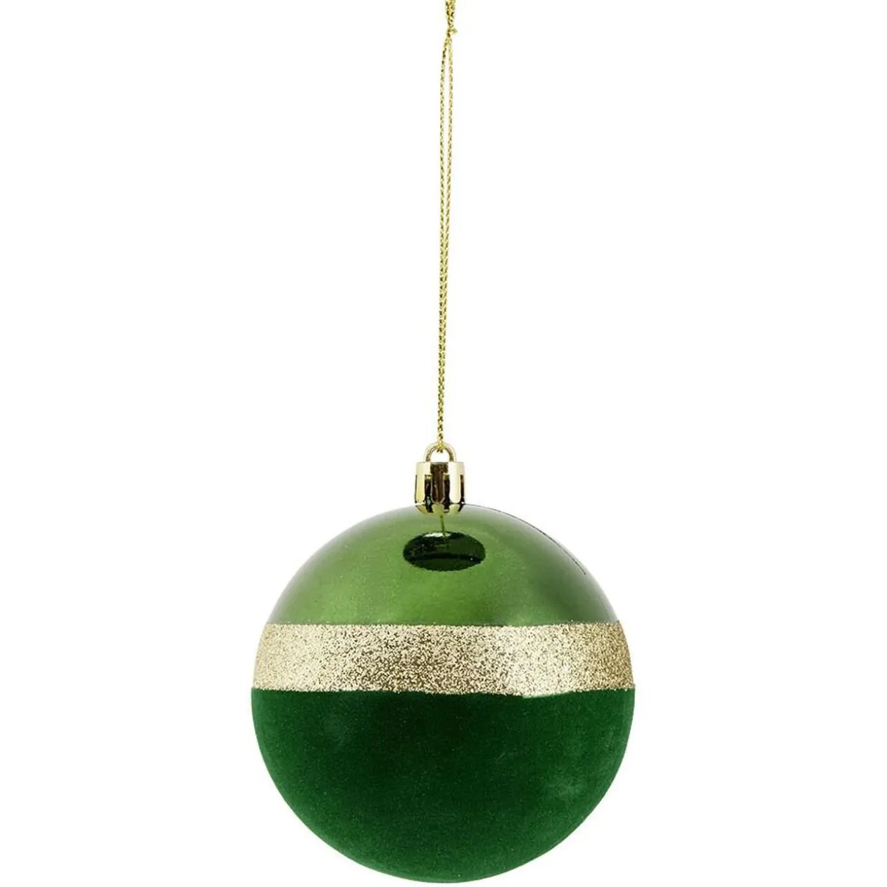 Boule de Noël liseré doré bimatière velours et brillant vert Ø8cm