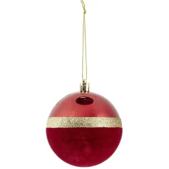 Boule de Noël liseré doré bimatière velours et brillant rouge Ø8cm