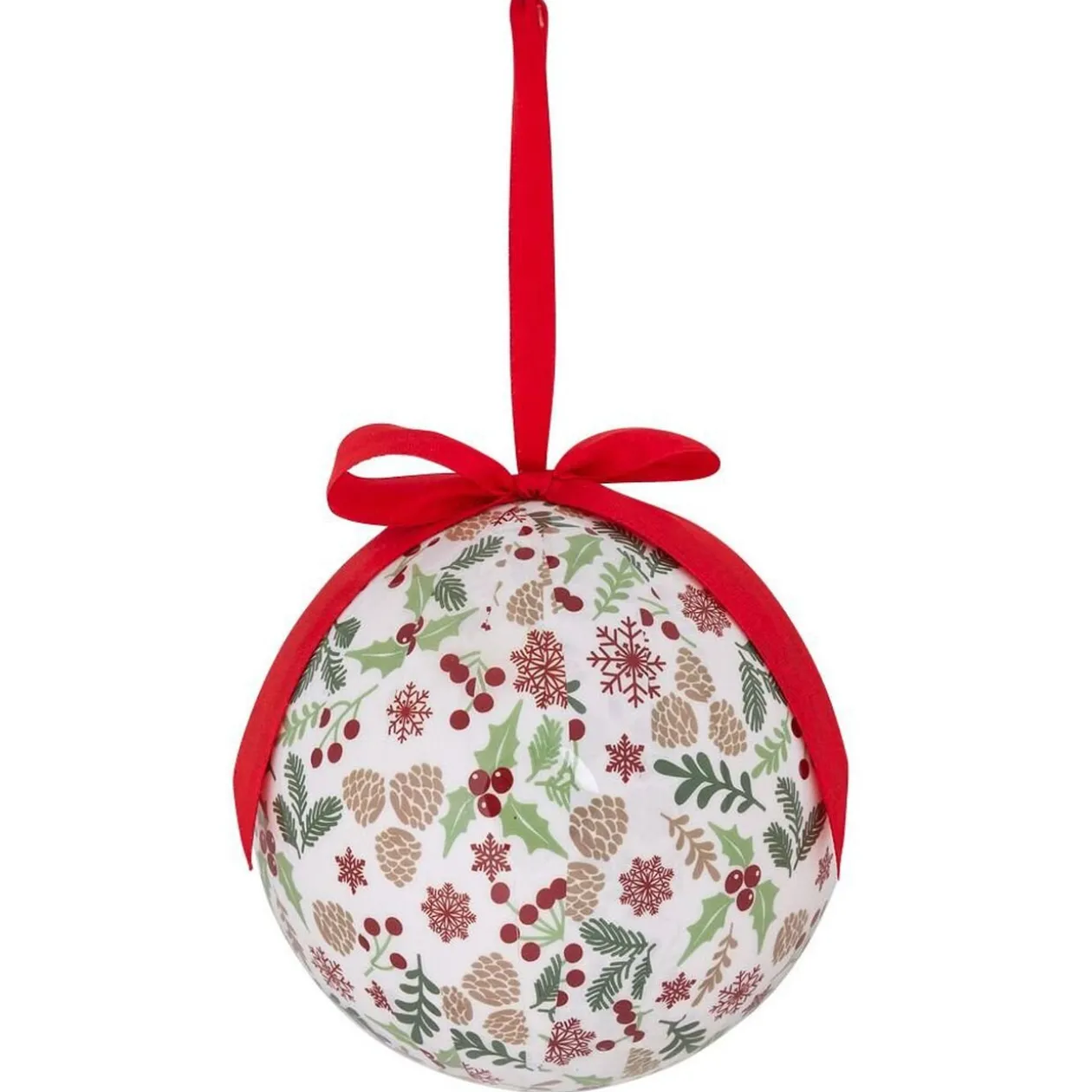 Boule de Noël motif traditionnel houx flocon de neige rouge et blanc Ø12cm
