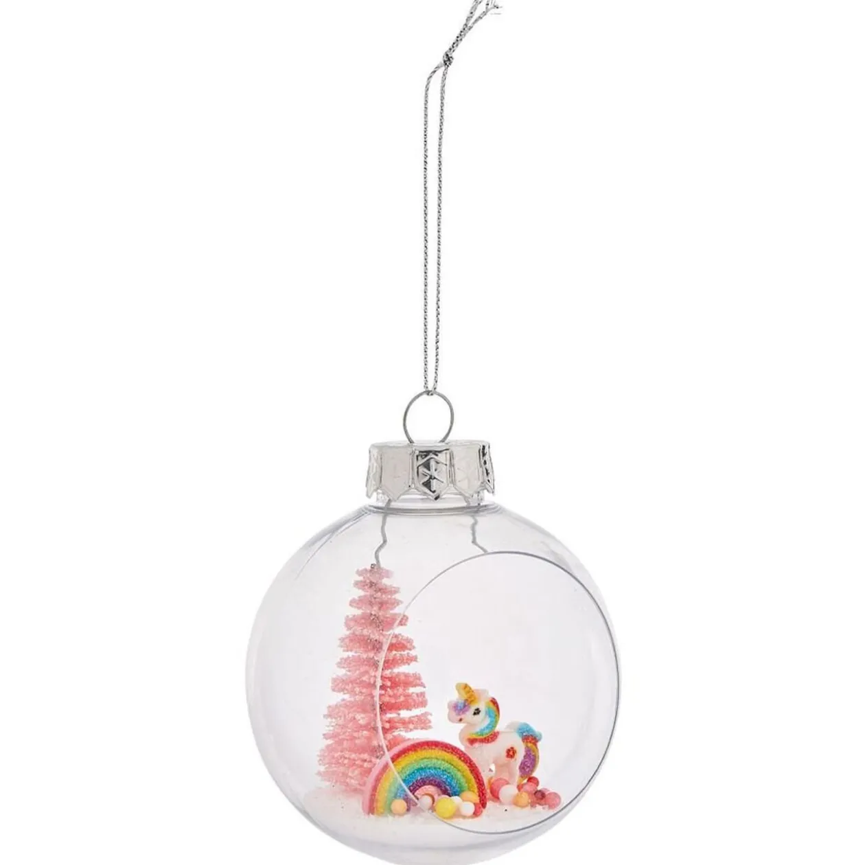 Boule de Noël ouverte avec licorne et sapin Ø8cm