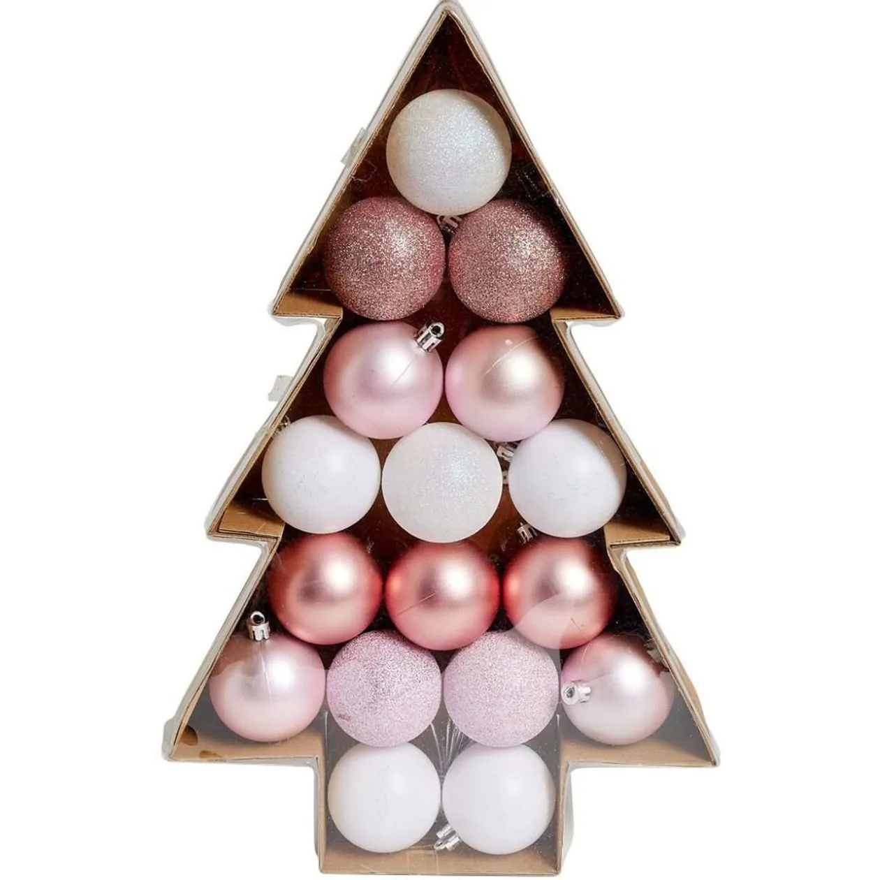Boule de Noël rose et blanche x17 dans boîte sapin