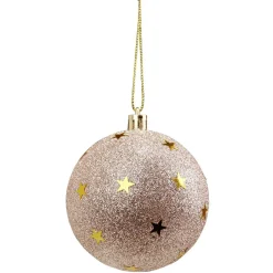 Boule de Noël rose pailletée motif étoiles dorées Ø8cm