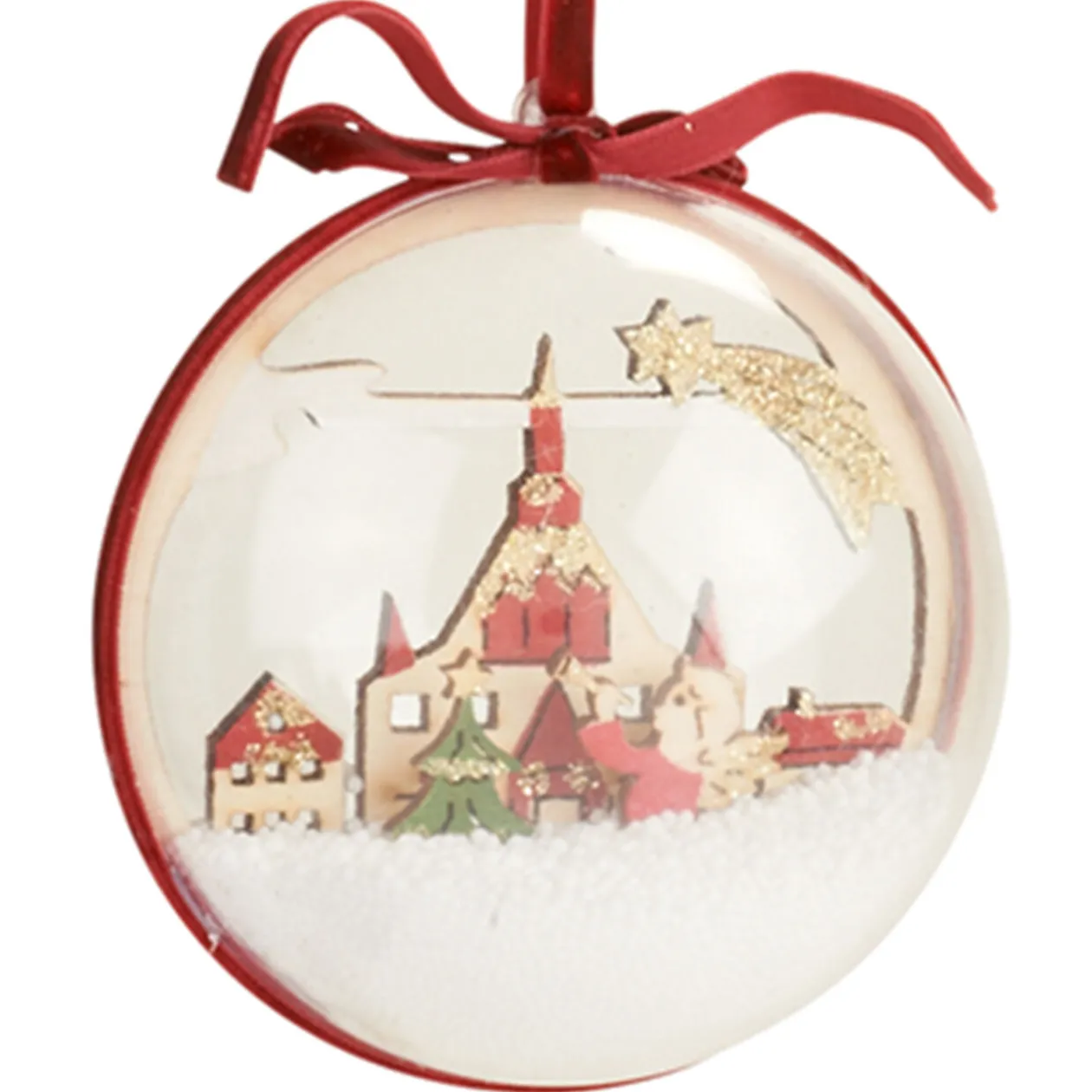 Boule de Noël transparente déco village rouge
