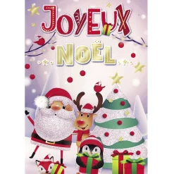 Carte Joyeux Noël personnage cartoon violet doré rouge