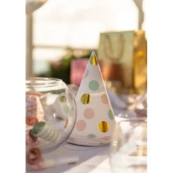 Chapeau de fête blanc à poids rose, vert et doré en carton x 8