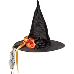 Chapeau de sorcière noeud fleur noir orange H41 cm