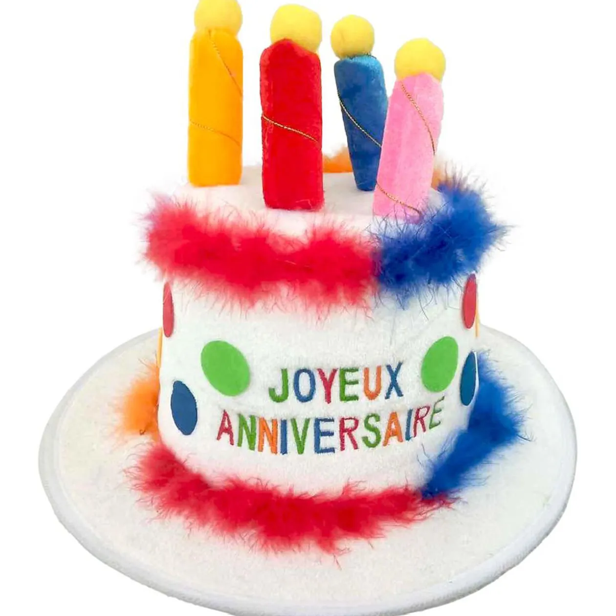 Chapeau enfant Joyeux Anniversaire bougie et plume multicolore