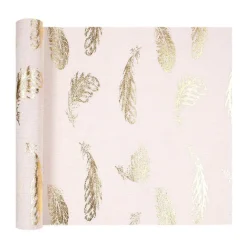 Chemin de table intissé rose plumes doré