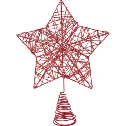 Cimier tête de sapin Noël forme étoile métal rouge avec corde torsadée