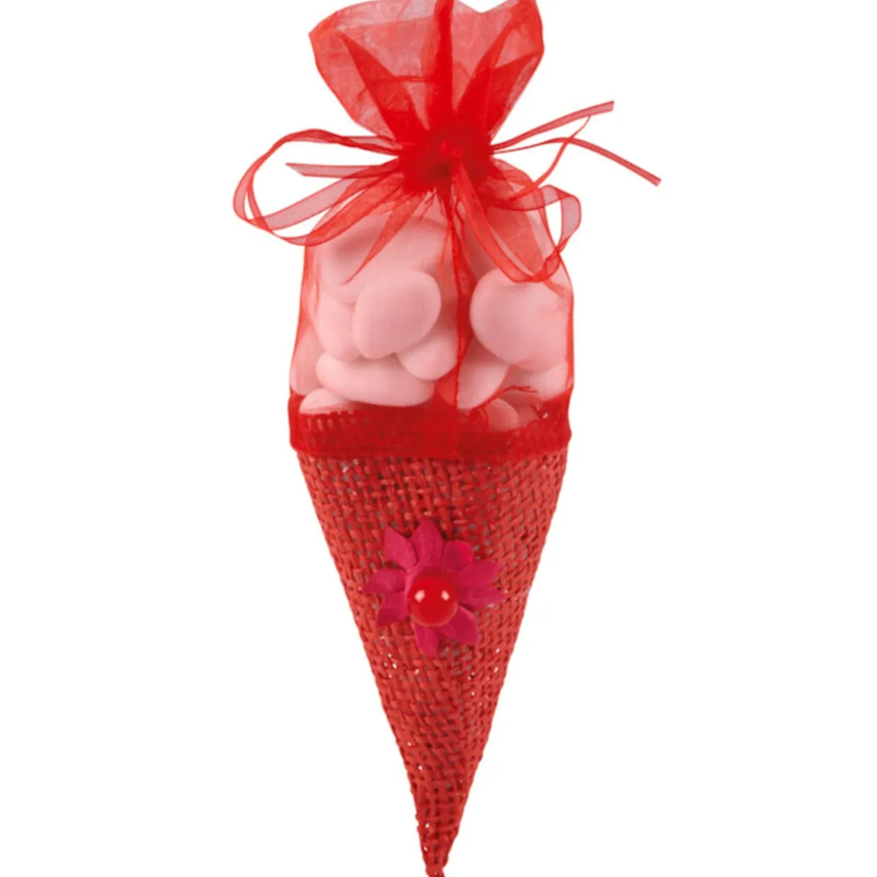 Cône à dragées organza rouge x4