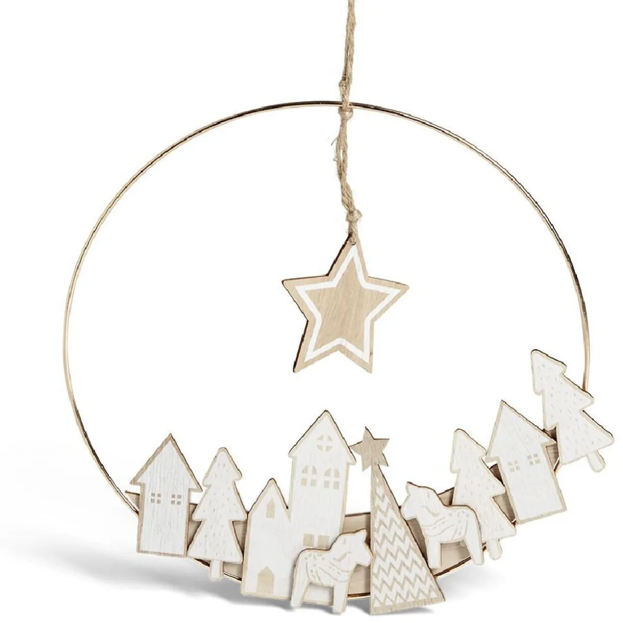 Couronne à suspendre village de Noël doré