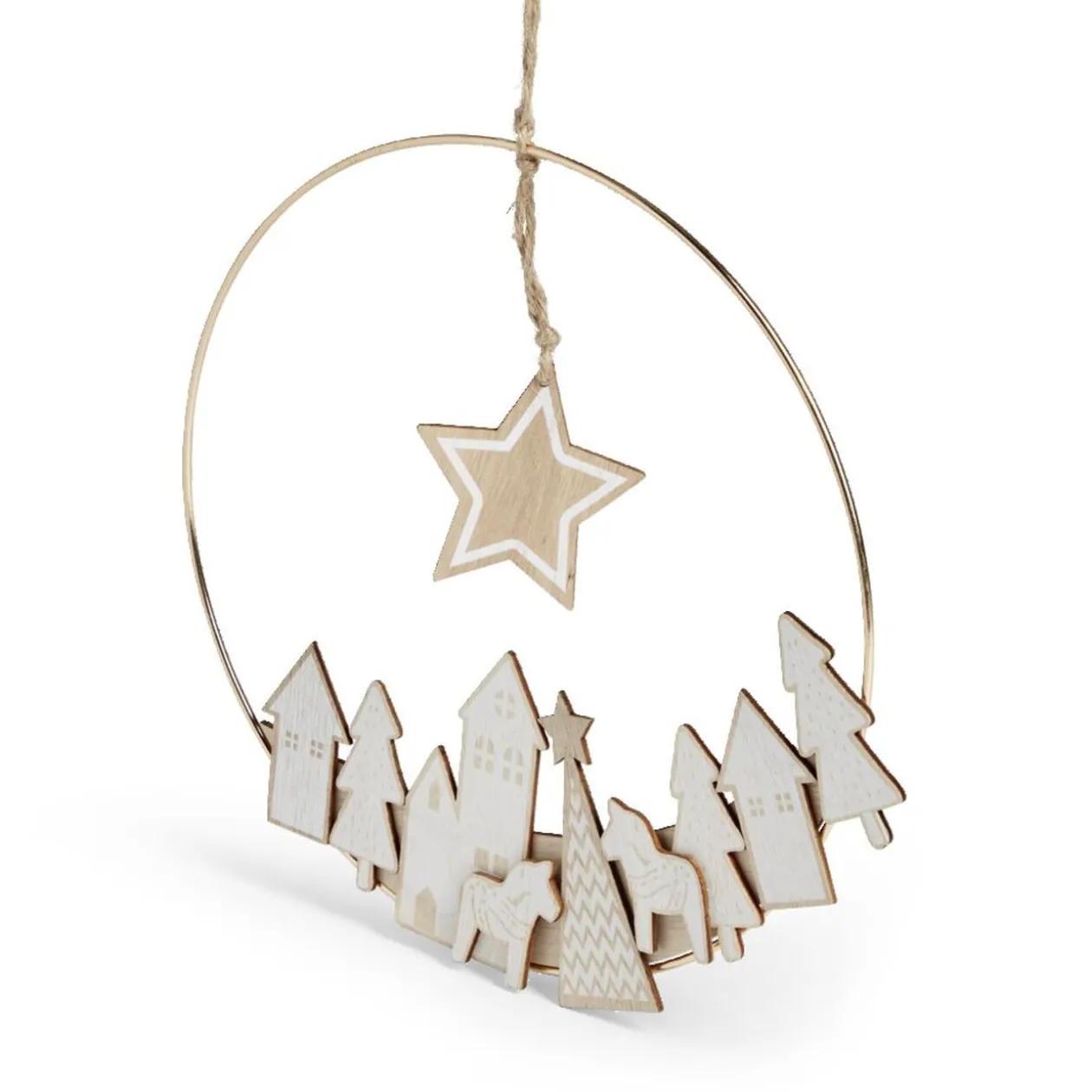 Couronne à suspendre village de Noël doré