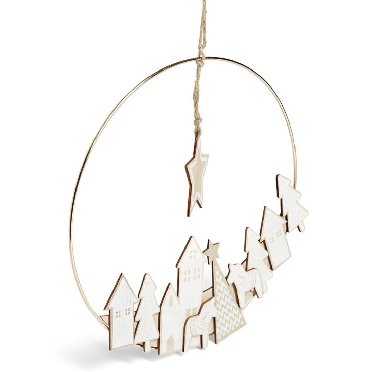 Couronne à suspendre village de Noël doré