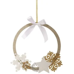 Couronne de Noël en bois étoile flocon pailleté doré et blanc Ø28cm