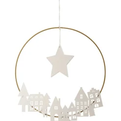 Couronne de Noël en métal doré décor chalet et étoile bois blanc Ø26cm