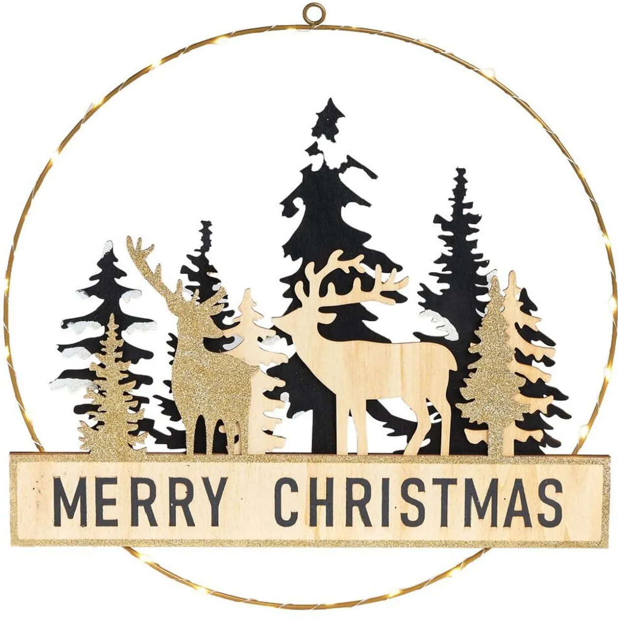 Couronne de Noël lumineuse métal et bois doré à suspendre