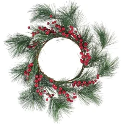 Couronne de Noël ronde branche sapin vert et baies rouges