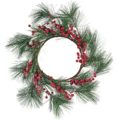 Couronne de Noël ronde branche sapin vert et baies rouges