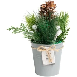 Décoration branche de pin dans pot gris Ø8xH10cm