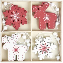 Décoration de Noël à suspendre en bois rouge et blanc x12