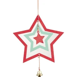 Décoration de Noël bois 3D forme étoile rouge et verte avec clochette