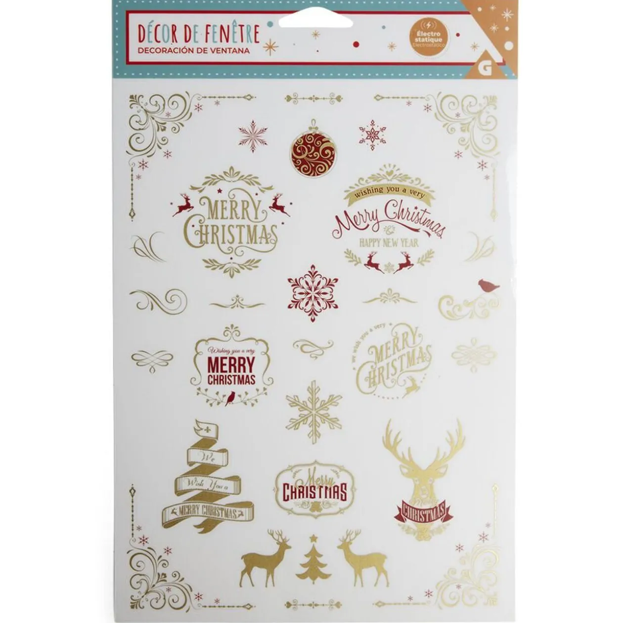 Décoration fenêtre Noël électrostatique rouge et doré - 2 modèles