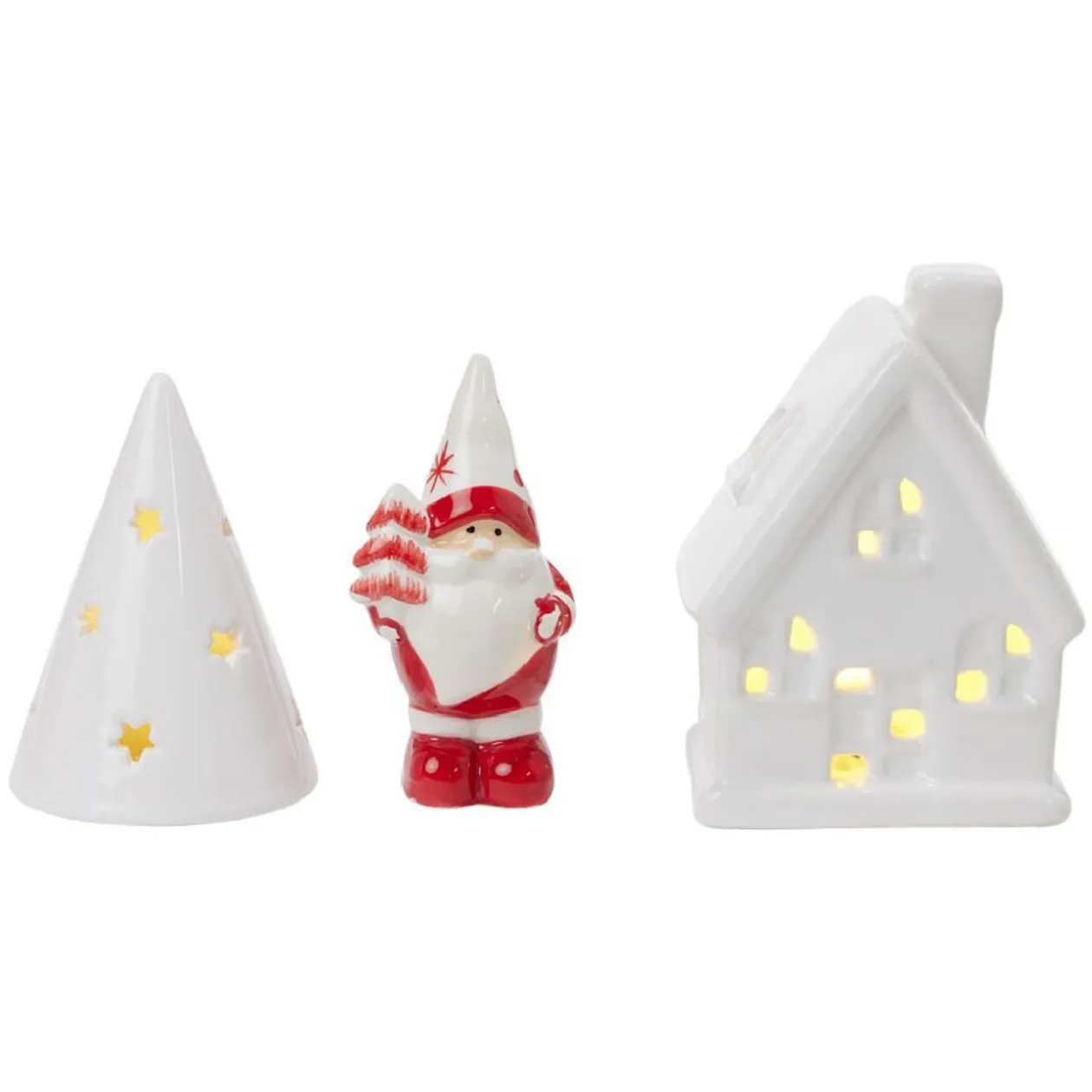 Décoration lumineuse de Noël Père Noël maisonnette porcelaine rouge et blanc x3