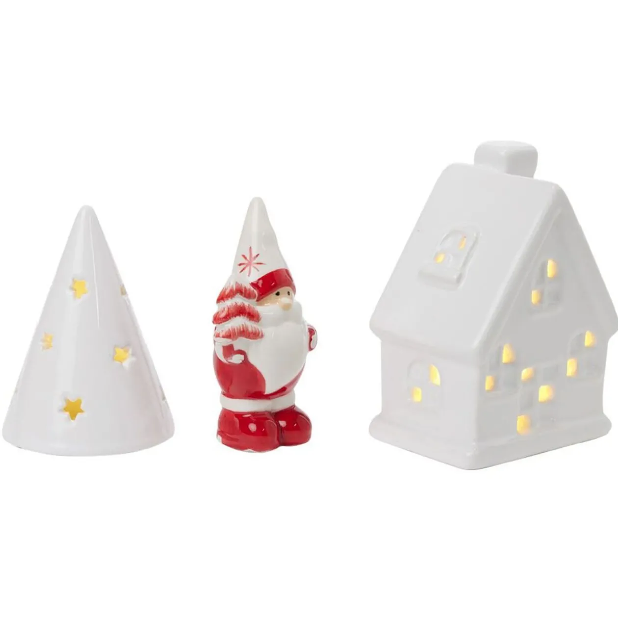 Décoration lumineuse de Noël Père Noël maisonnette porcelaine rouge et blanc x3
