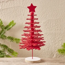 Décoration Noël sapin à poser rouge sur socle bois Ø10xH25cm